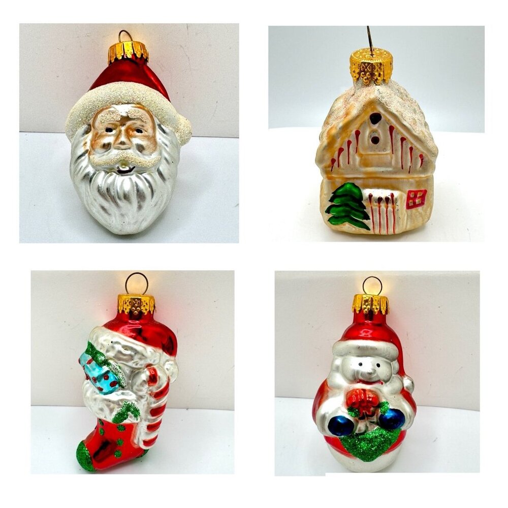Blown Glass G&D Glitter Vintage Ornaments Holiday Set Of 4 Santa Snowman House